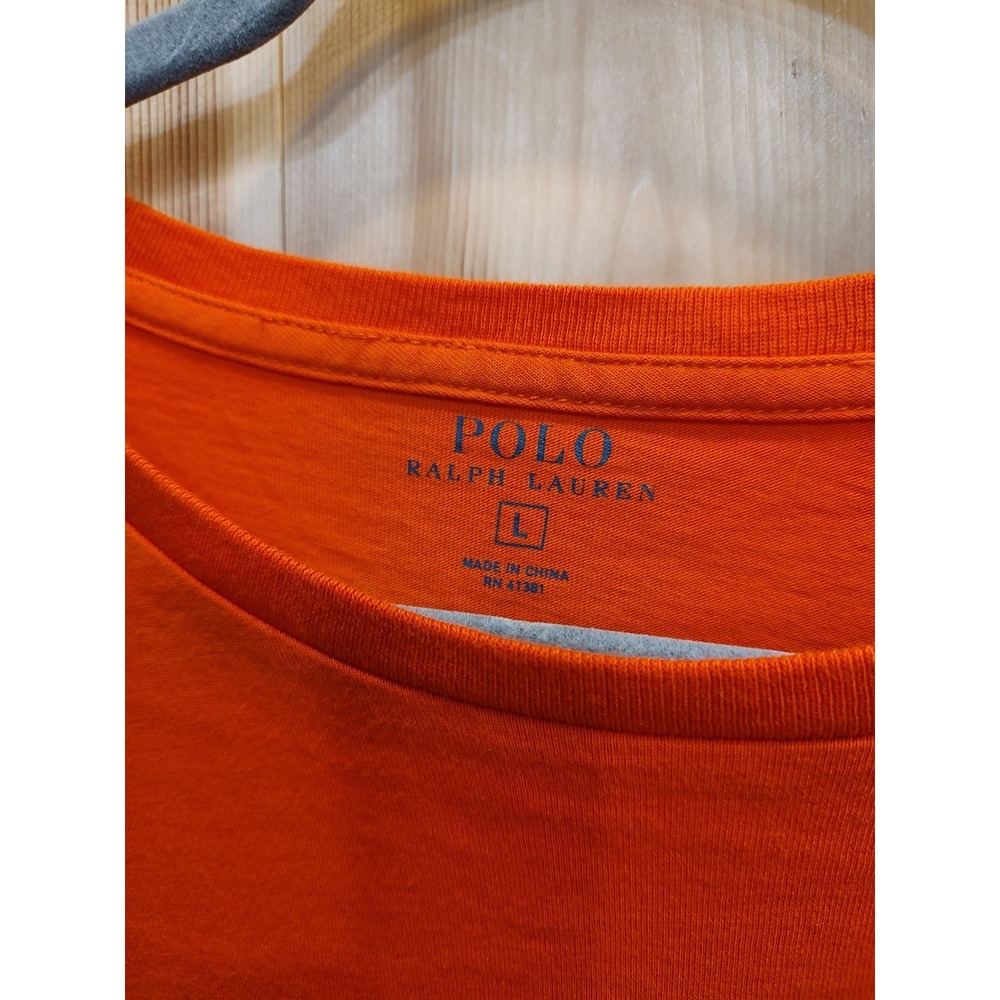 Polo Ralph Lauren Men Sz L  Long‎ Sleeve Crew Preppy T Shirt Orange Green Pony - Picture 3 of 8